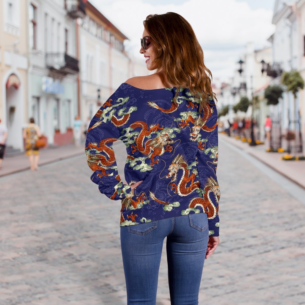 Orange Japanese Dragon Pattern Print Off Shoulder Sweatshirt GearFrost