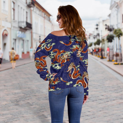 Orange Japanese Dragon Pattern Print Off Shoulder Sweatshirt GearFrost