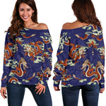 Orange Japanese Dragon Pattern Print Off Shoulder Sweatshirt GearFrost