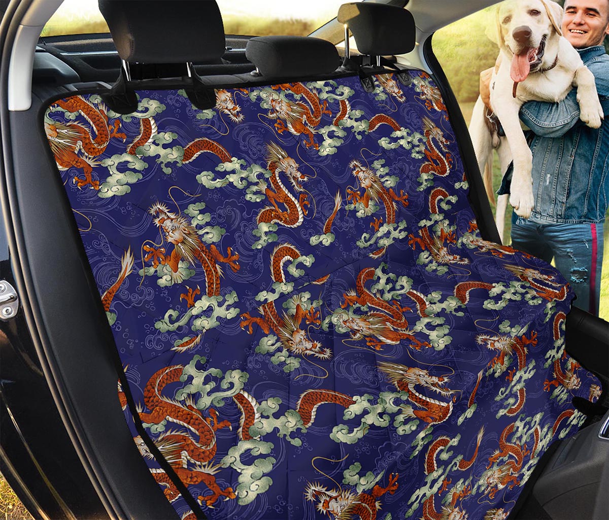 Orange Japanese Dragon Pattern Print Pet Car Back Seat Cover