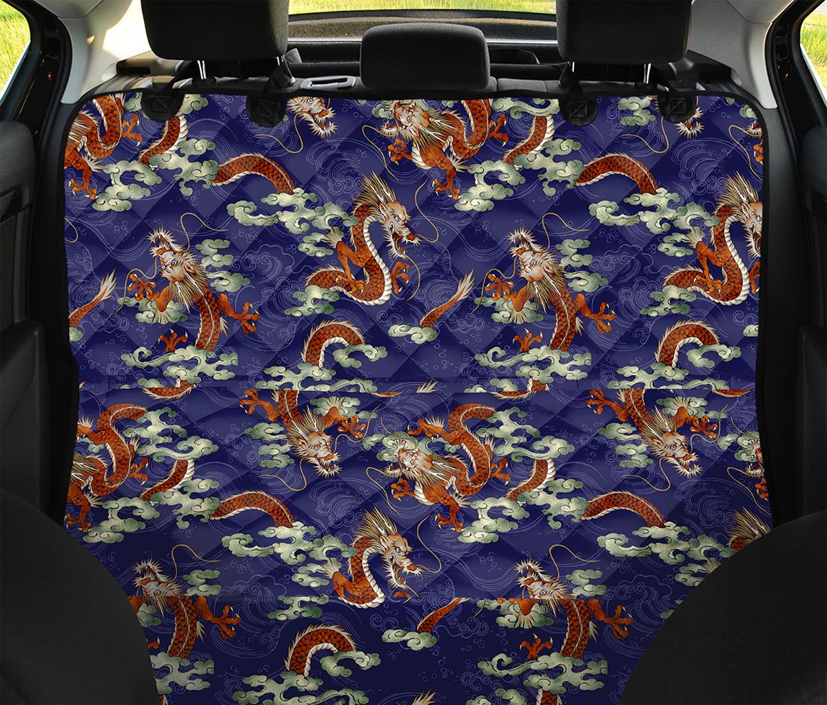 Orange Japanese Dragon Pattern Print Pet Car Back Seat Cover