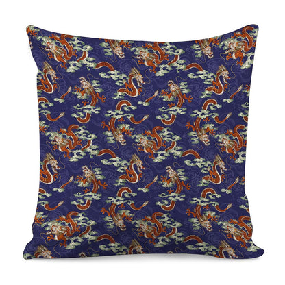 Orange Japanese Dragon Pattern Print Pillow Cover
