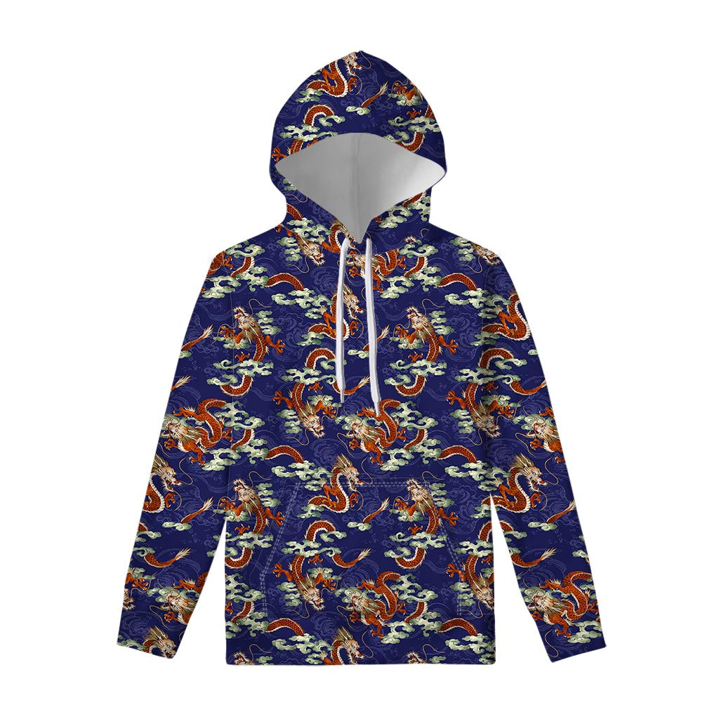 Orange Japanese Dragon Pattern Print Pullover Hoodie