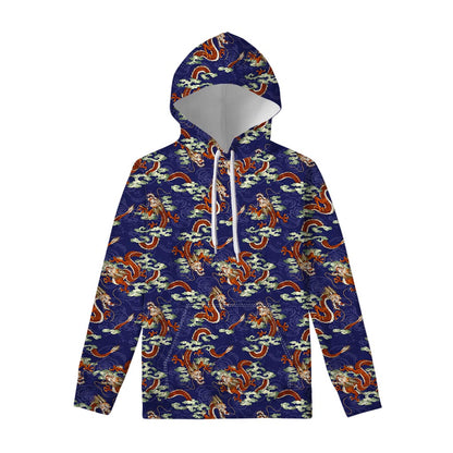 Orange Japanese Dragon Pattern Print Pullover Hoodie