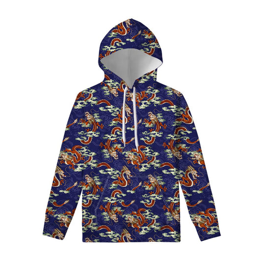 Orange Japanese Dragon Pattern Print Pullover Hoodie