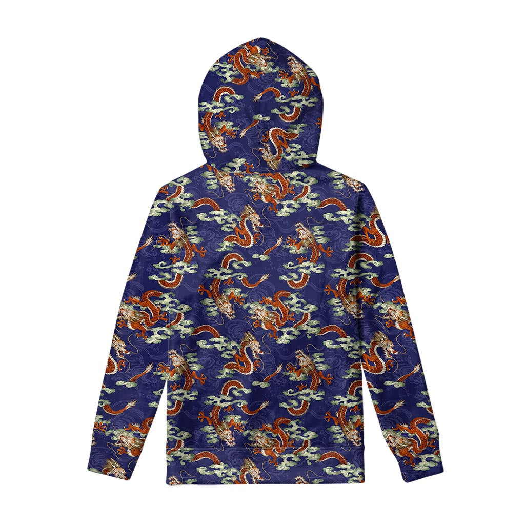 Orange Japanese Dragon Pattern Print Pullover Hoodie