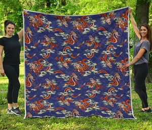 Orange Japanese Dragon Pattern Print Quilt