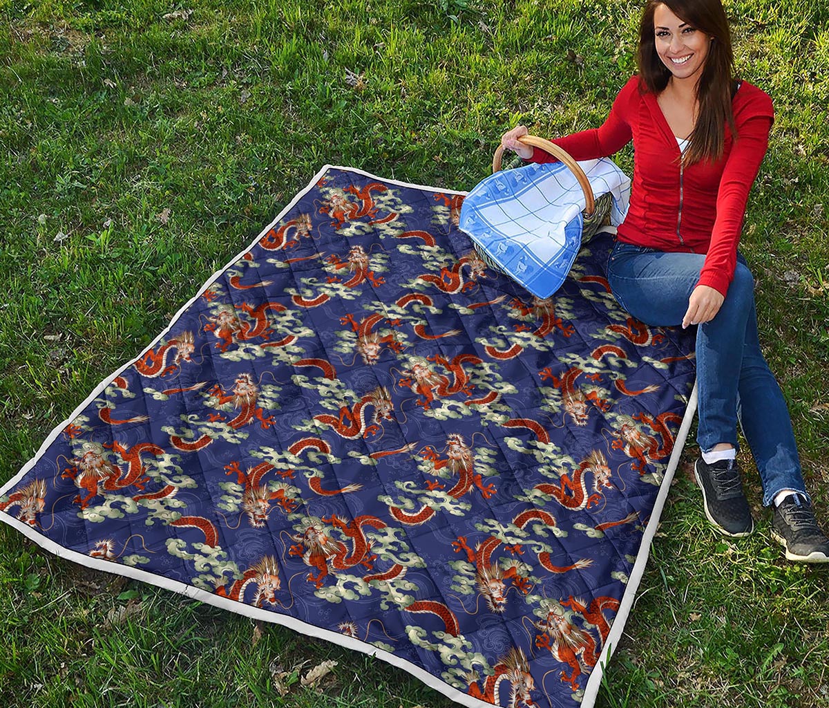 Orange Japanese Dragon Pattern Print Quilt