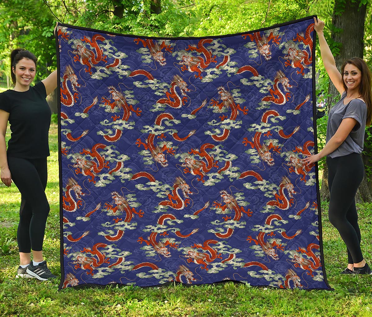 Orange Japanese Dragon Pattern Print Quilt