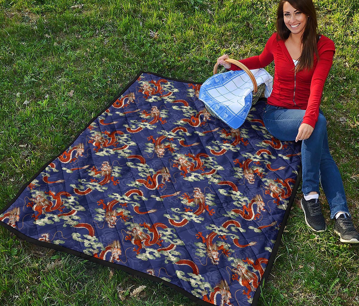 Orange Japanese Dragon Pattern Print Quilt