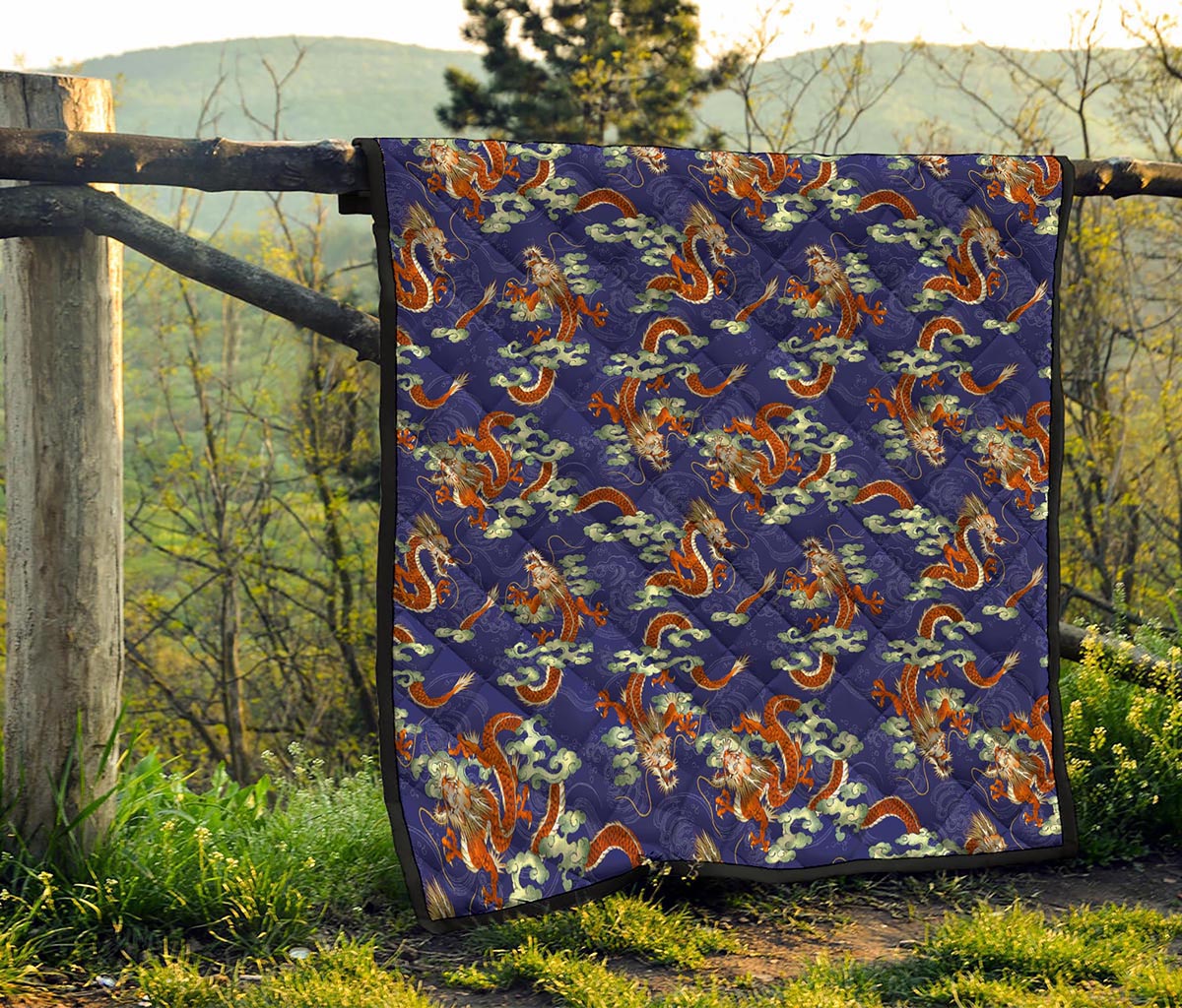 Orange Japanese Dragon Pattern Print Quilt