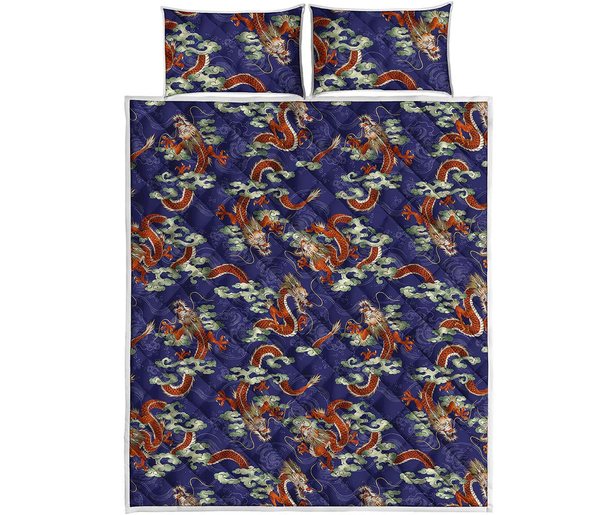 Orange Japanese Dragon Pattern Print Quilt Bed Set