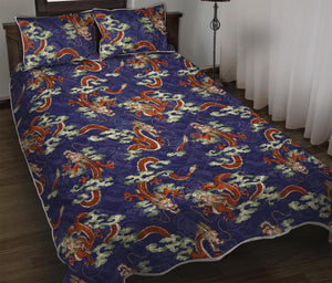 Orange Japanese Dragon Pattern Print Quilt Bed Set