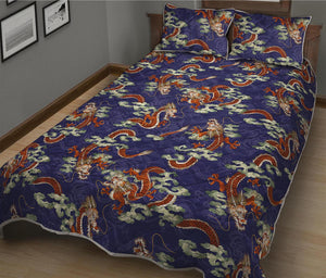 Orange Japanese Dragon Pattern Print Quilt Bed Set