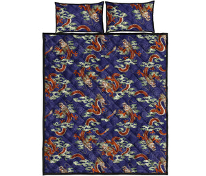 Orange Japanese Dragon Pattern Print Quilt Bed Set