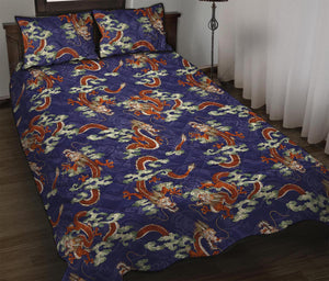 Orange Japanese Dragon Pattern Print Quilt Bed Set