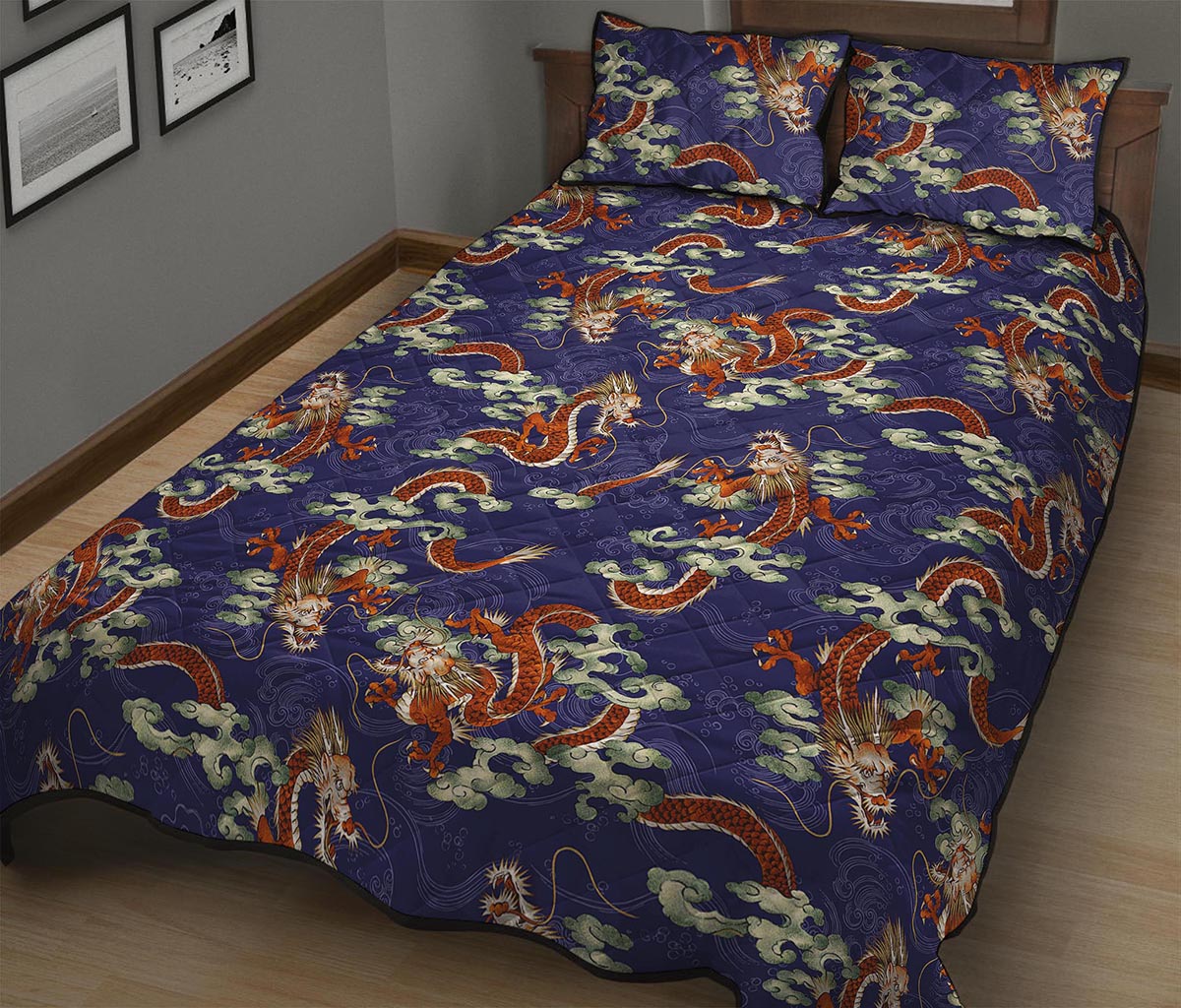 Orange Japanese Dragon Pattern Print Quilt Bed Set