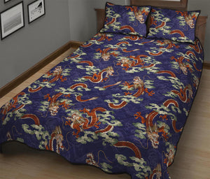 Orange Japanese Dragon Pattern Print Quilt Bed Set