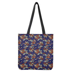 Orange Japanese Dragon Pattern Print Tote Bag