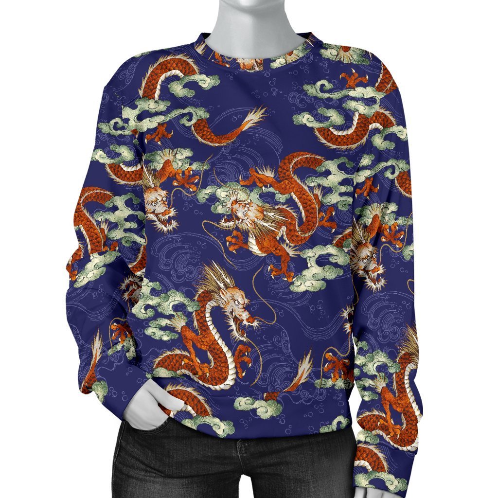 Orange Japanese Dragon Pattern Print Women's Crewneck Sweatshirt GearFrost