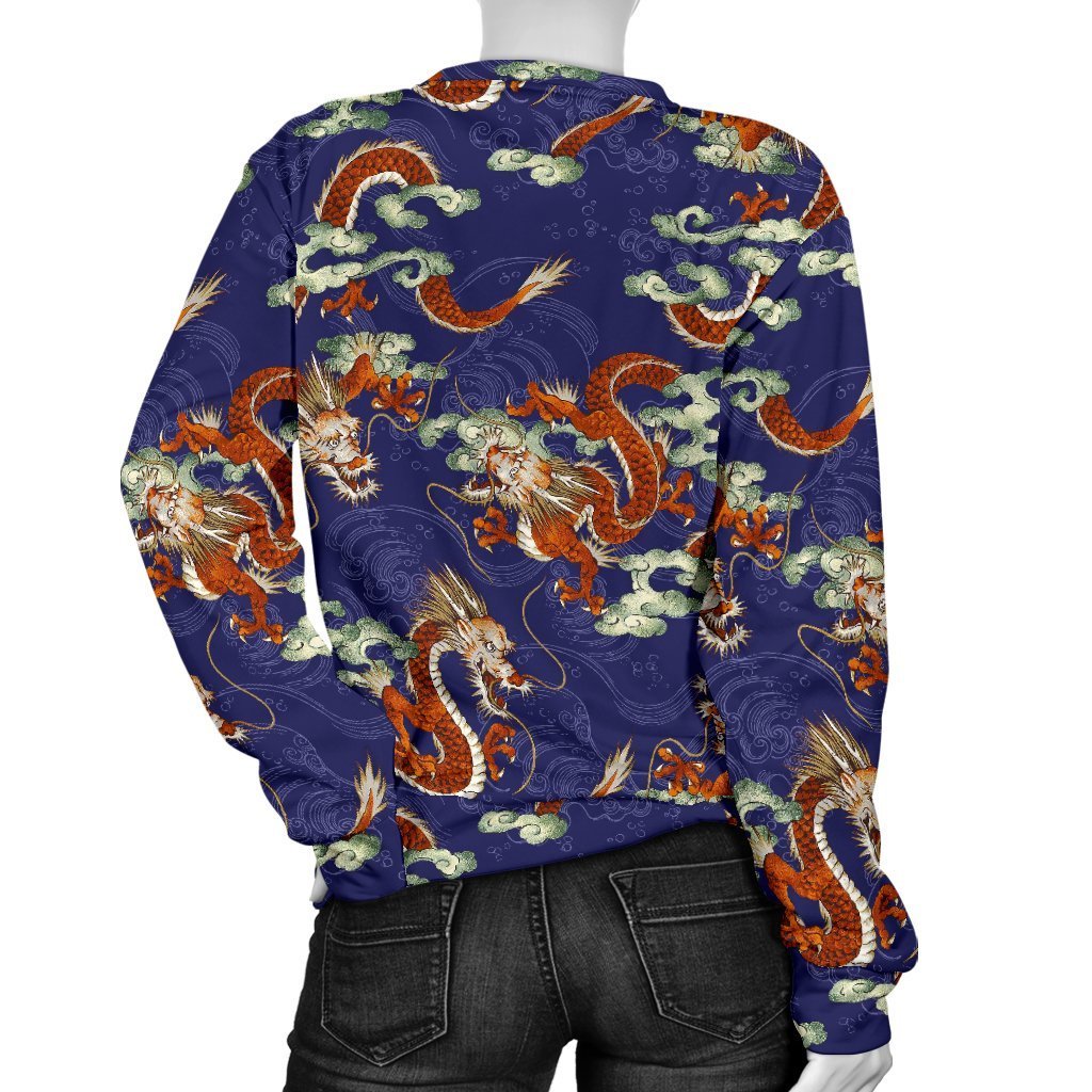 Orange Japanese Dragon Pattern Print Women's Crewneck Sweatshirt GearFrost