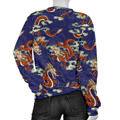 Orange Japanese Dragon Pattern Print Women's Crewneck Sweatshirt GearFrost