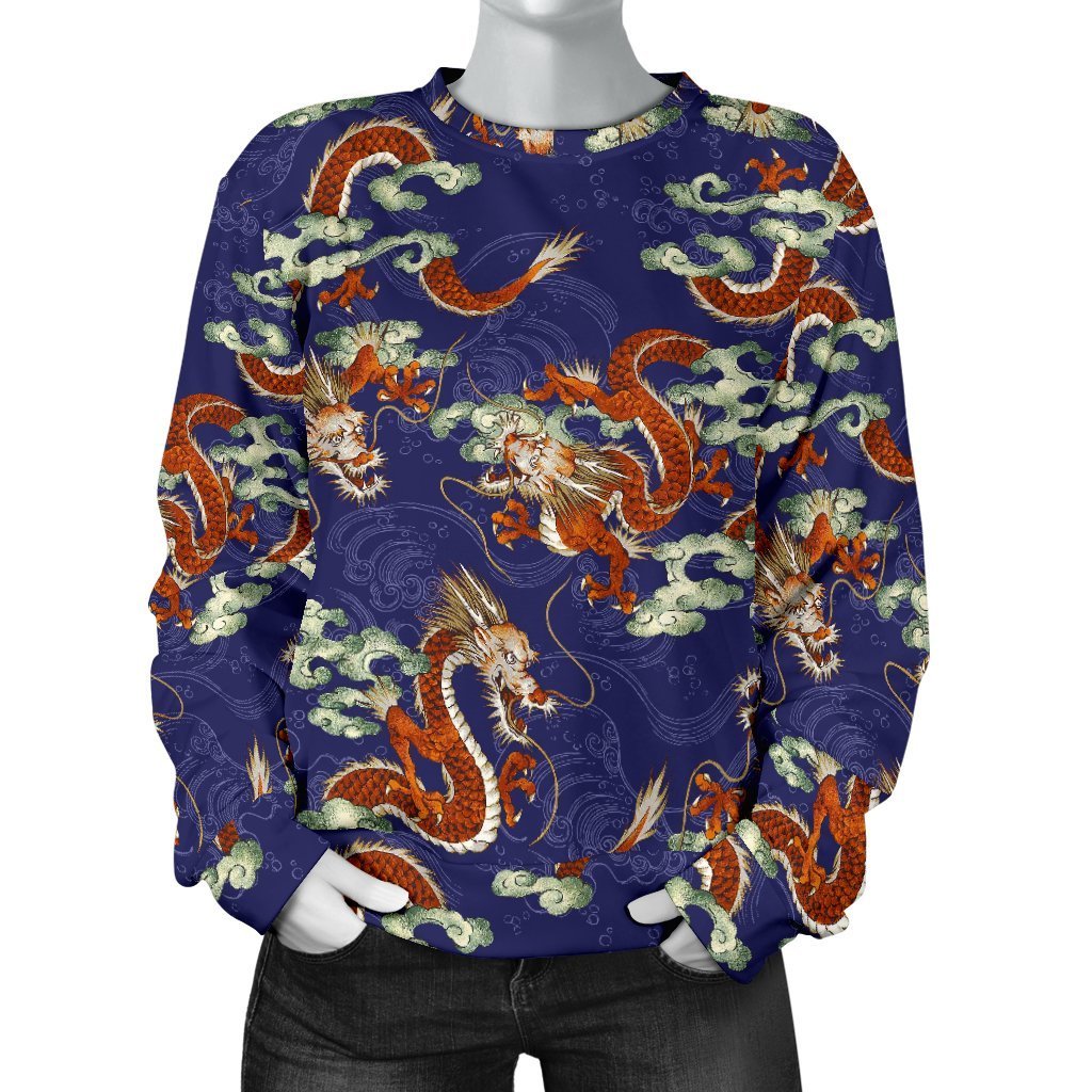 Orange Japanese Dragon Pattern Print Women's Crewneck Sweatshirt GearFrost