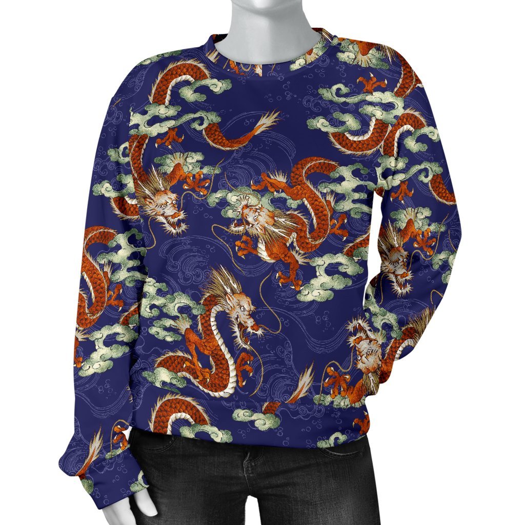 Orange Japanese Dragon Pattern Print Women's Crewneck Sweatshirt GearFrost