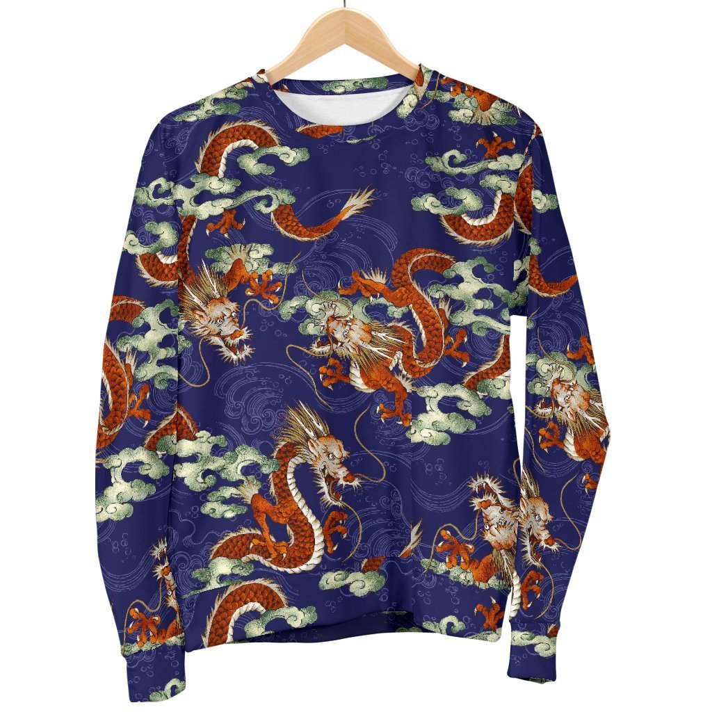 Orange Japanese Dragon Pattern Print Women's Crewneck Sweatshirt GearFrost