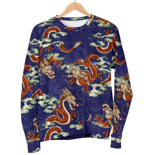 Orange Japanese Dragon Pattern Print Women's Crewneck Sweatshirt GearFrost