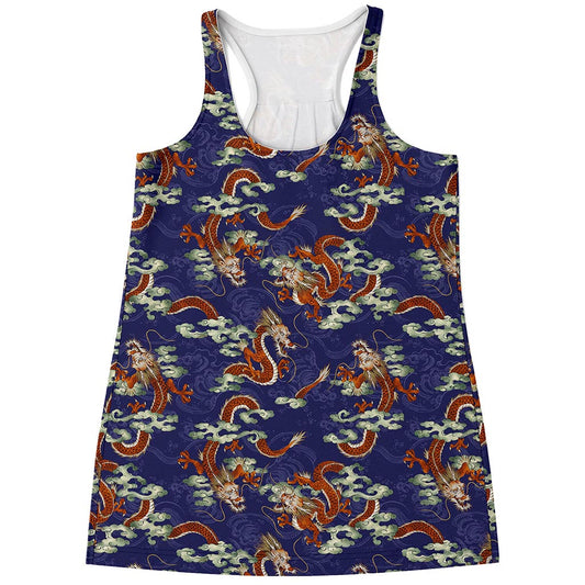 Orange Japanese Dragon Pattern Print Women's Racerback Tank Top