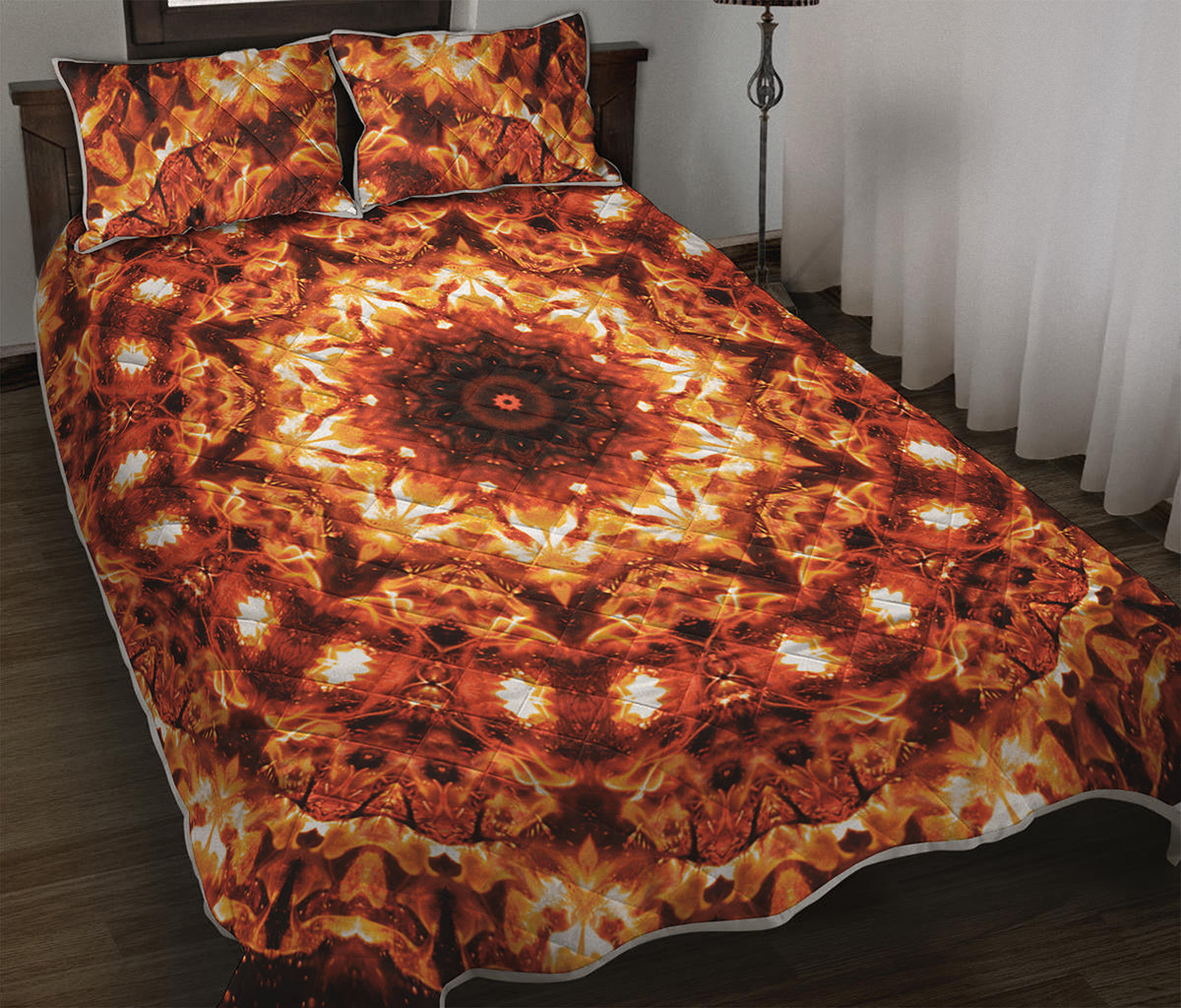 Orange Kaleidoscope Print Quilt Bed Set