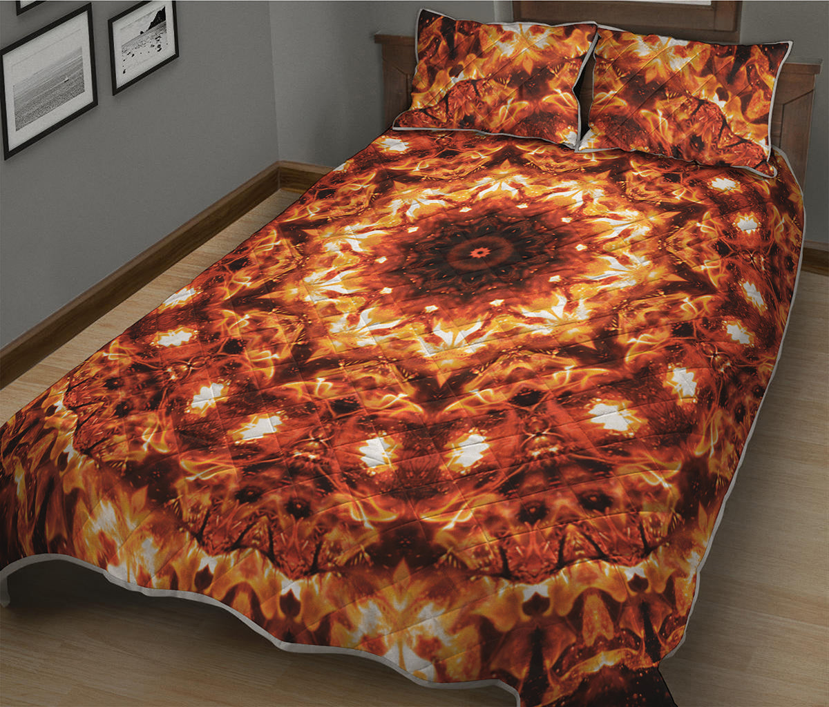 Orange Kaleidoscope Print Quilt Bed Set