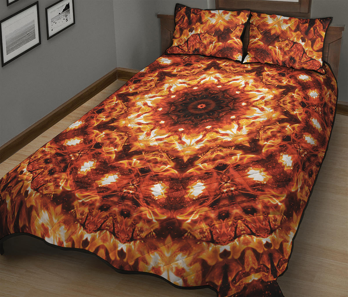 Orange Kaleidoscope Print Quilt Bed Set