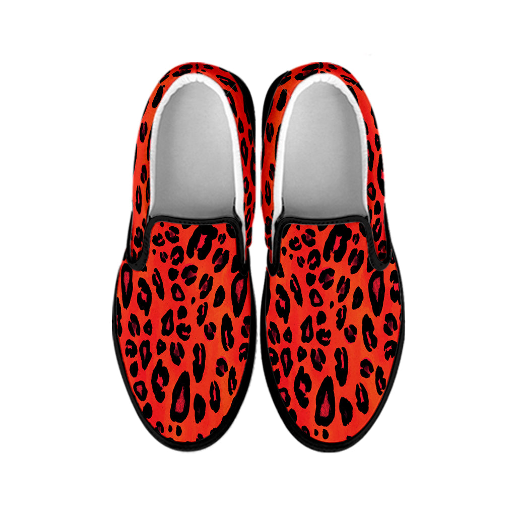 Orange Leopard Print Black Slip On Shoes
