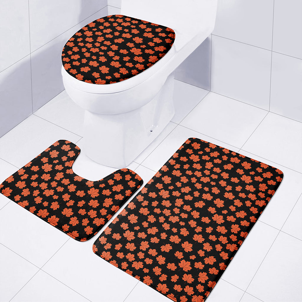 Orange Maple Leaves Pattern Print 3 Piece Bath Mat Set