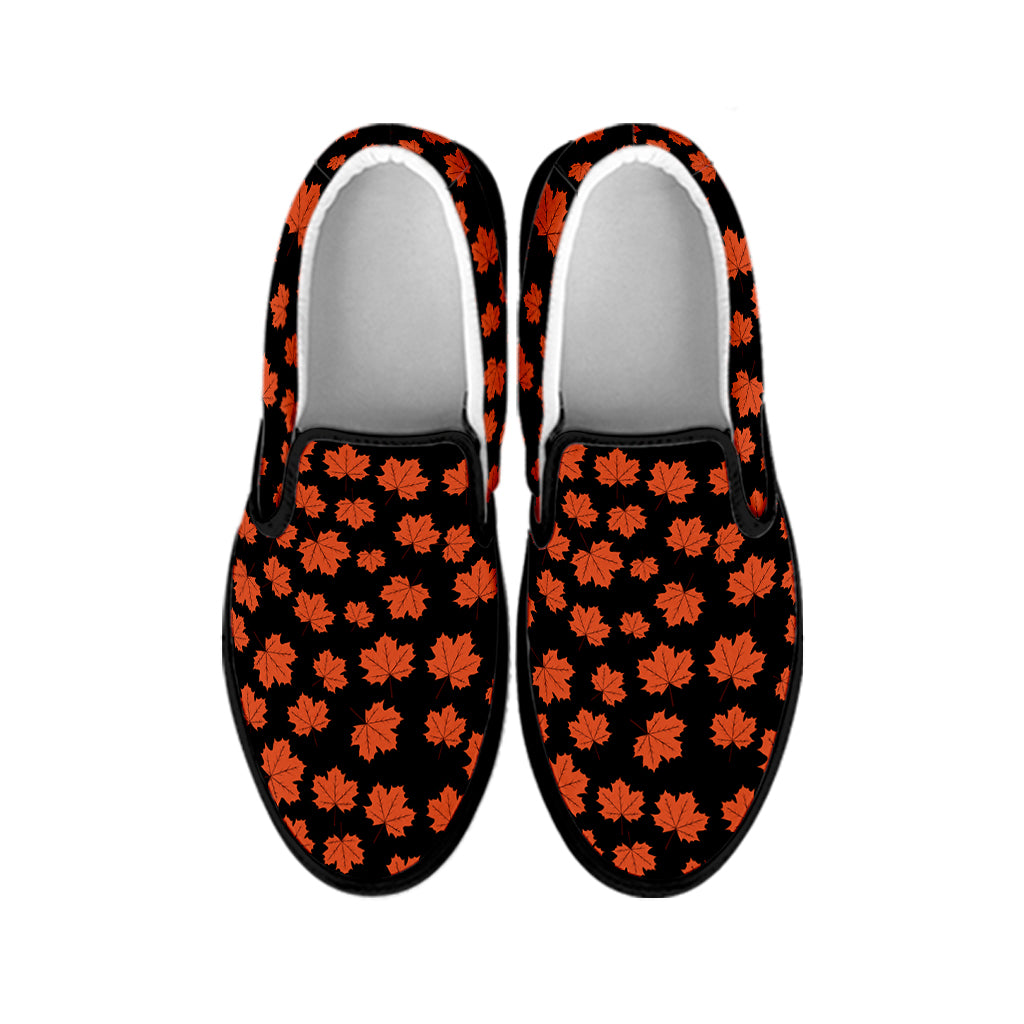 Orange Maple Leaves Pattern Print Black Slip On Shoes