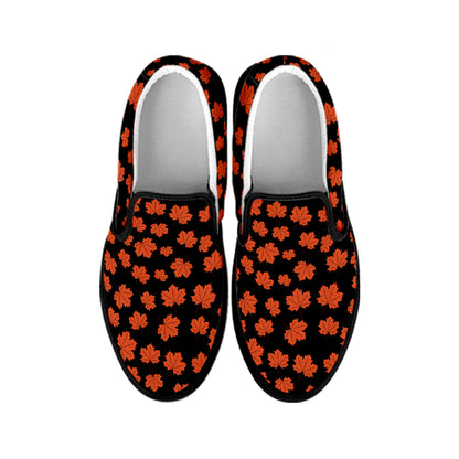 Orange Maple Leaves Pattern Print Black Slip On Shoes