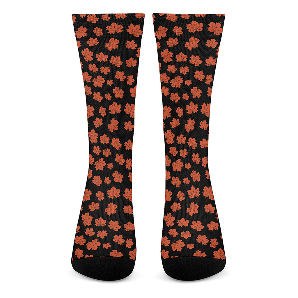 Orange Maple Leaves Pattern Print Crew Socks