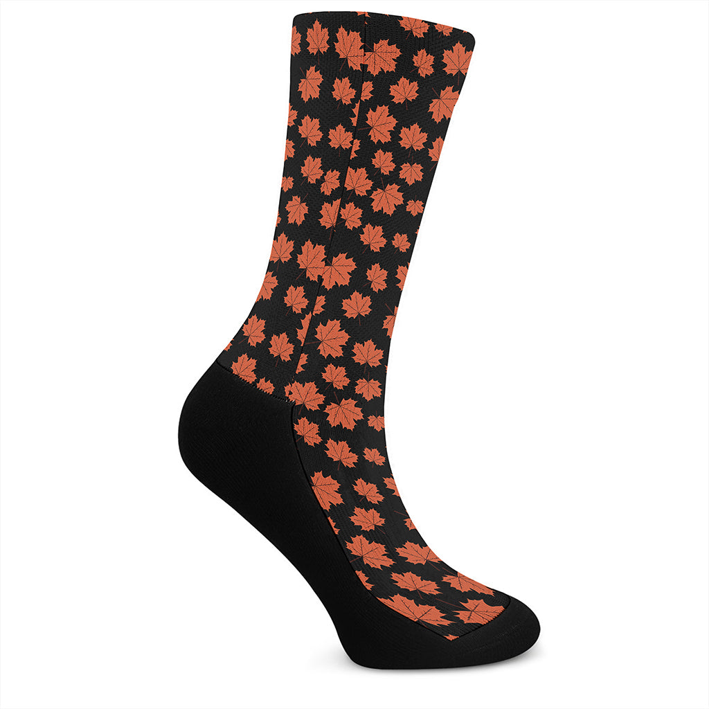 Orange Maple Leaves Pattern Print Crew Socks