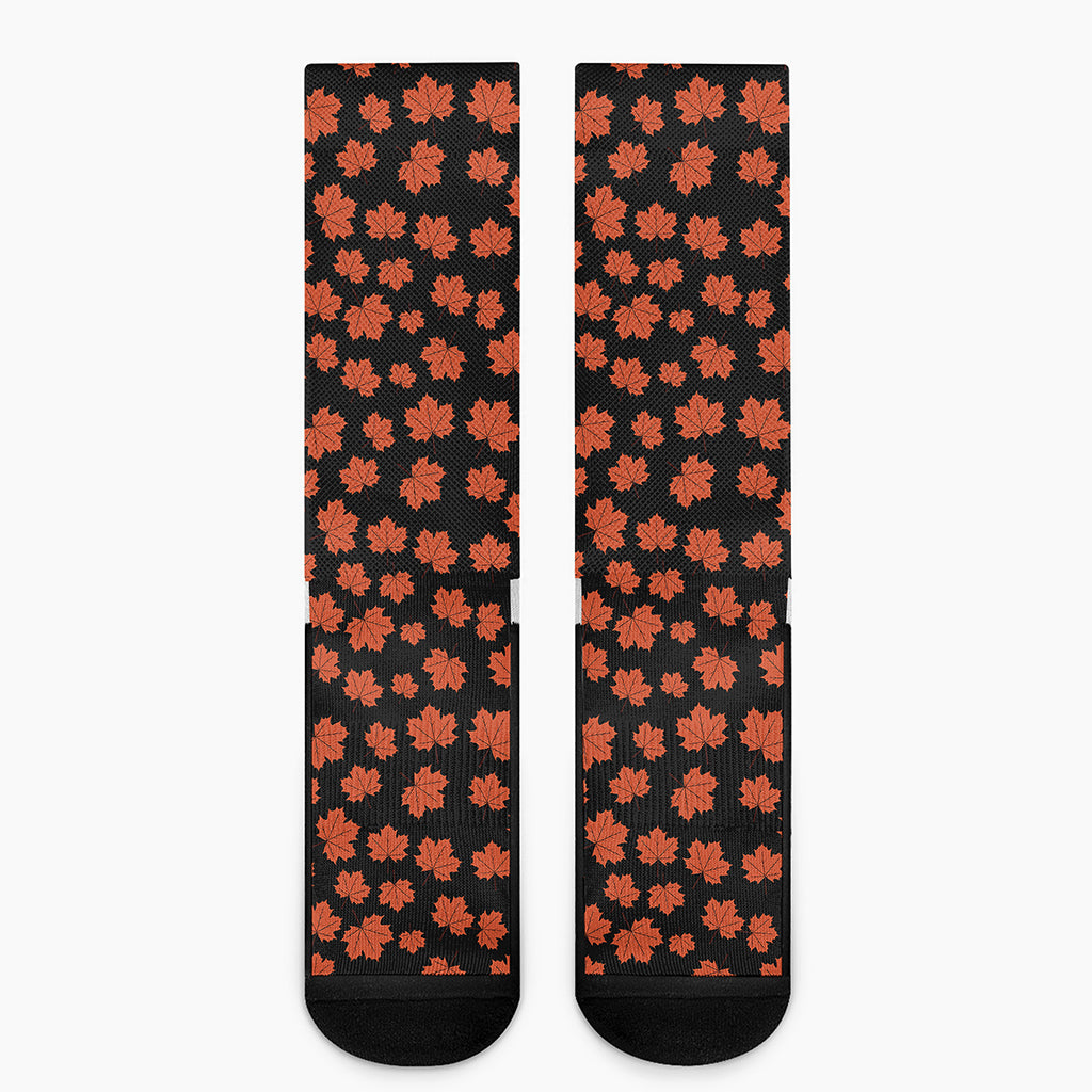 Orange Maple Leaves Pattern Print Crew Socks