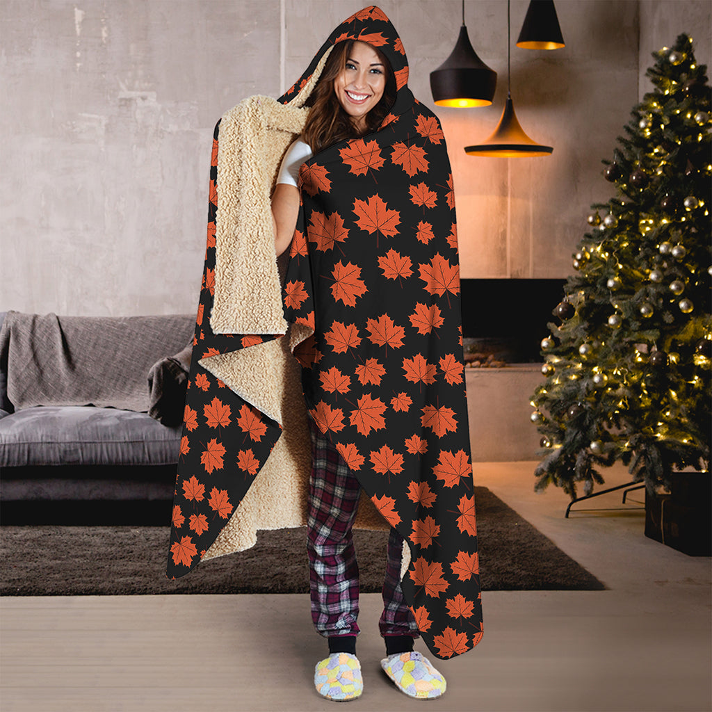 Orange Maple Leaves Pattern Print Hooded Blanket
