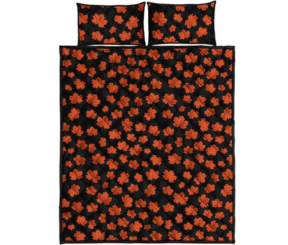 Orange Maple Leaves Pattern Print Quilt Bed Set