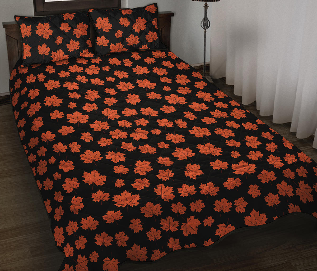 Orange Maple Leaves Pattern Print Quilt Bed Set