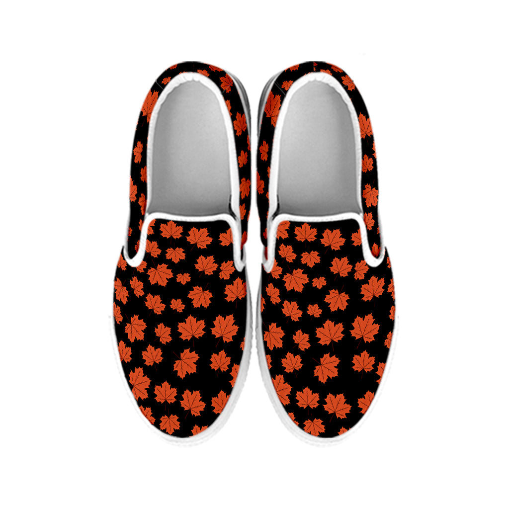 Orange Maple Leaves Pattern Print White Slip On Shoes