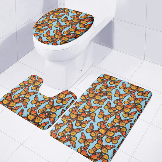Orange Monarch Butterflies Pattern Print 3 Piece Bath Mat Set