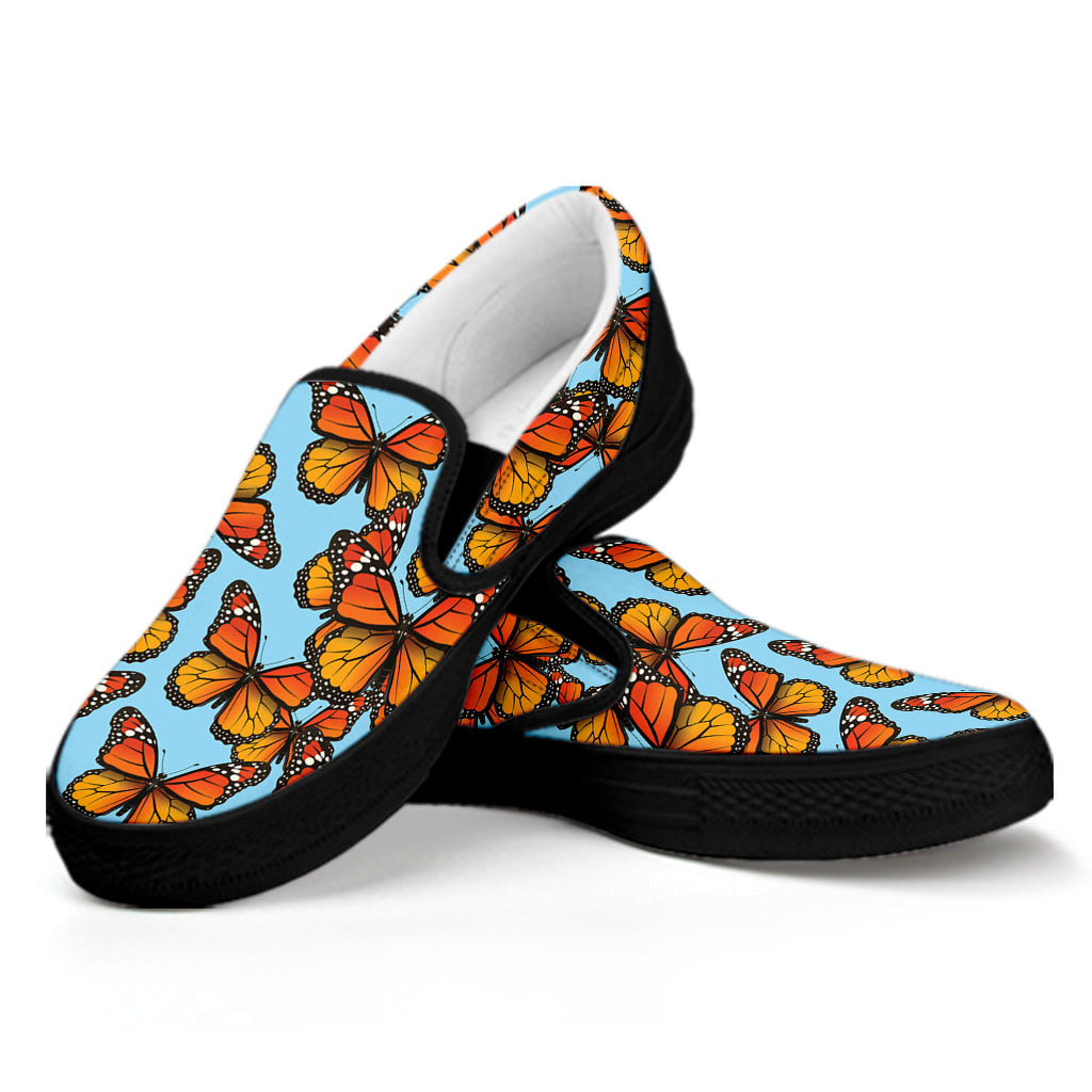 Orange Monarch Butterflies Pattern Print Black Slip On Shoes