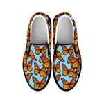 Orange Monarch Butterflies Pattern Print Black Slip On Shoes