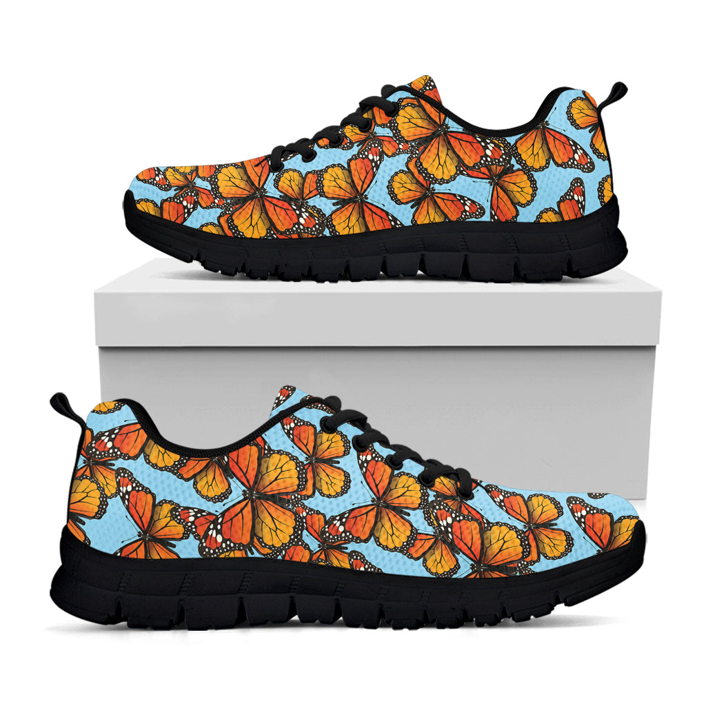Orange Monarch Butterflies Pattern Print Black Sneakers