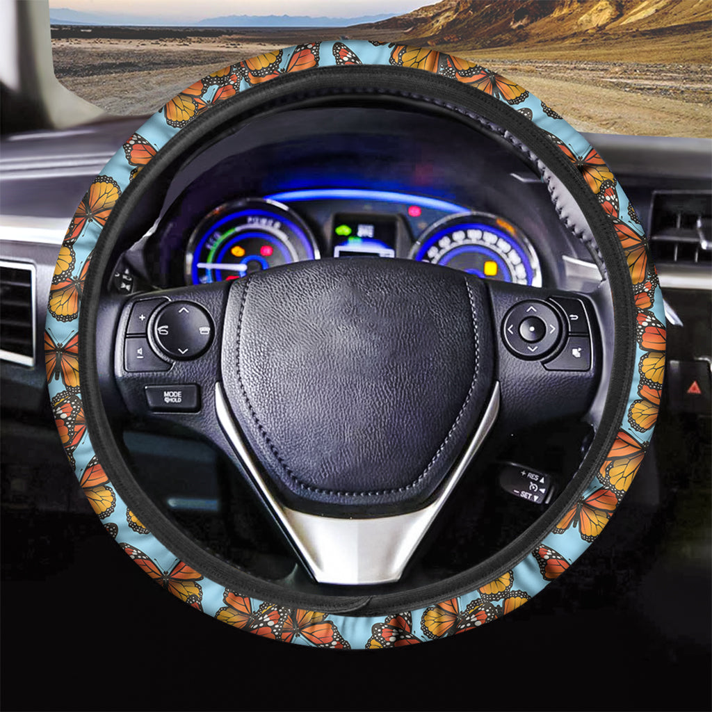 Orange Monarch Butterflies Pattern Print Car Steering Wheel Cover